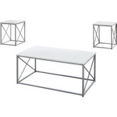 3 Piece Coffee & End Table Set in White & Silver Metal